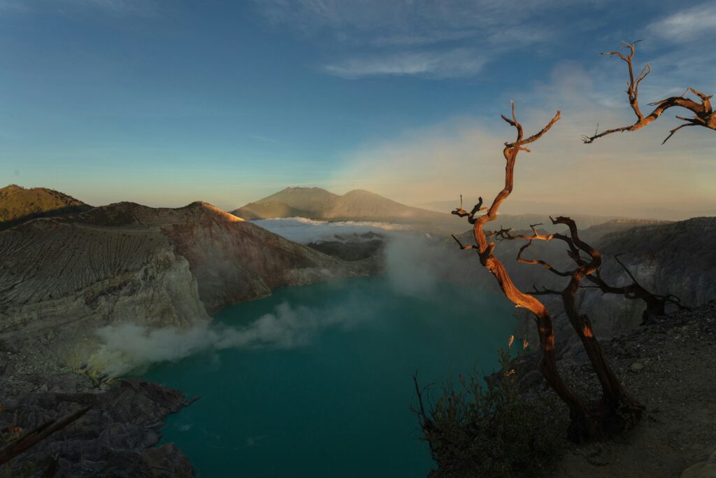 Scenic view of Kawah Ijen at sunset, with the vibrant teal lake reflecting the golden hues of the evening sky, and a lone dry tree standing against the dramatic landscape.