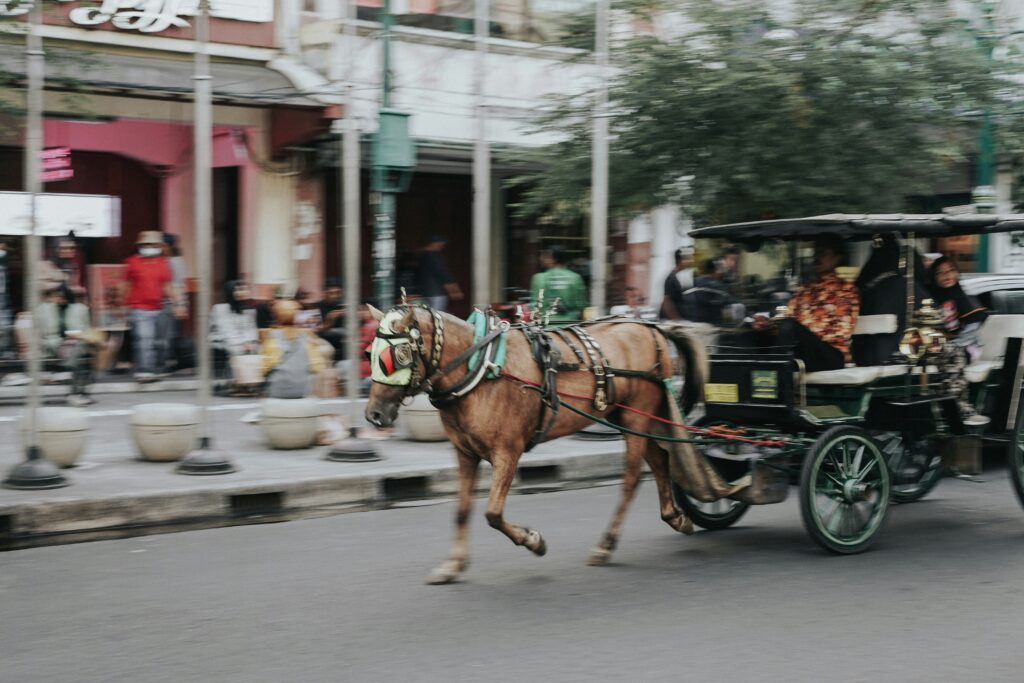 A traditional delman (horse-drawn carriage) on Malioboro Street, with a decorated horse and colorful carriage, surrounded by bustling tourists and shops.