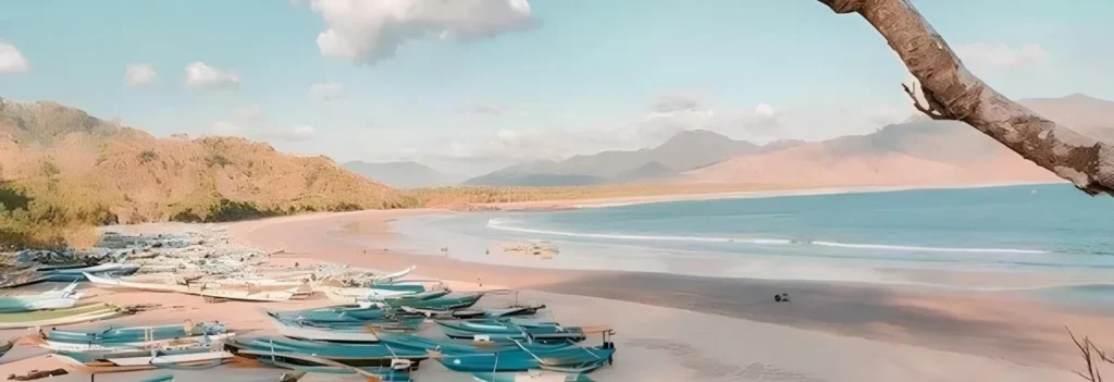 Fishermen boats lined up along the sandy shores of Rajegwesi Beach in Banyuwangi, Indonesia