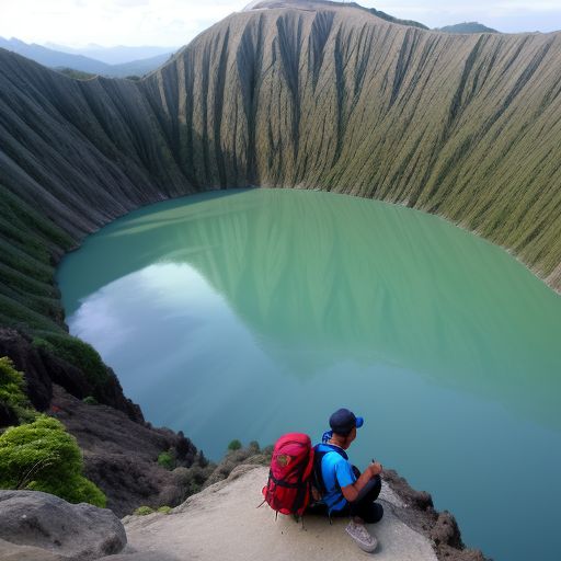 A person sitting peacefully at the summit of Kawah Ijen, overlooking the vibrant teal crater lake, with a clean, clear sky and the surrounding volcanic landscape bathed in sunlight.